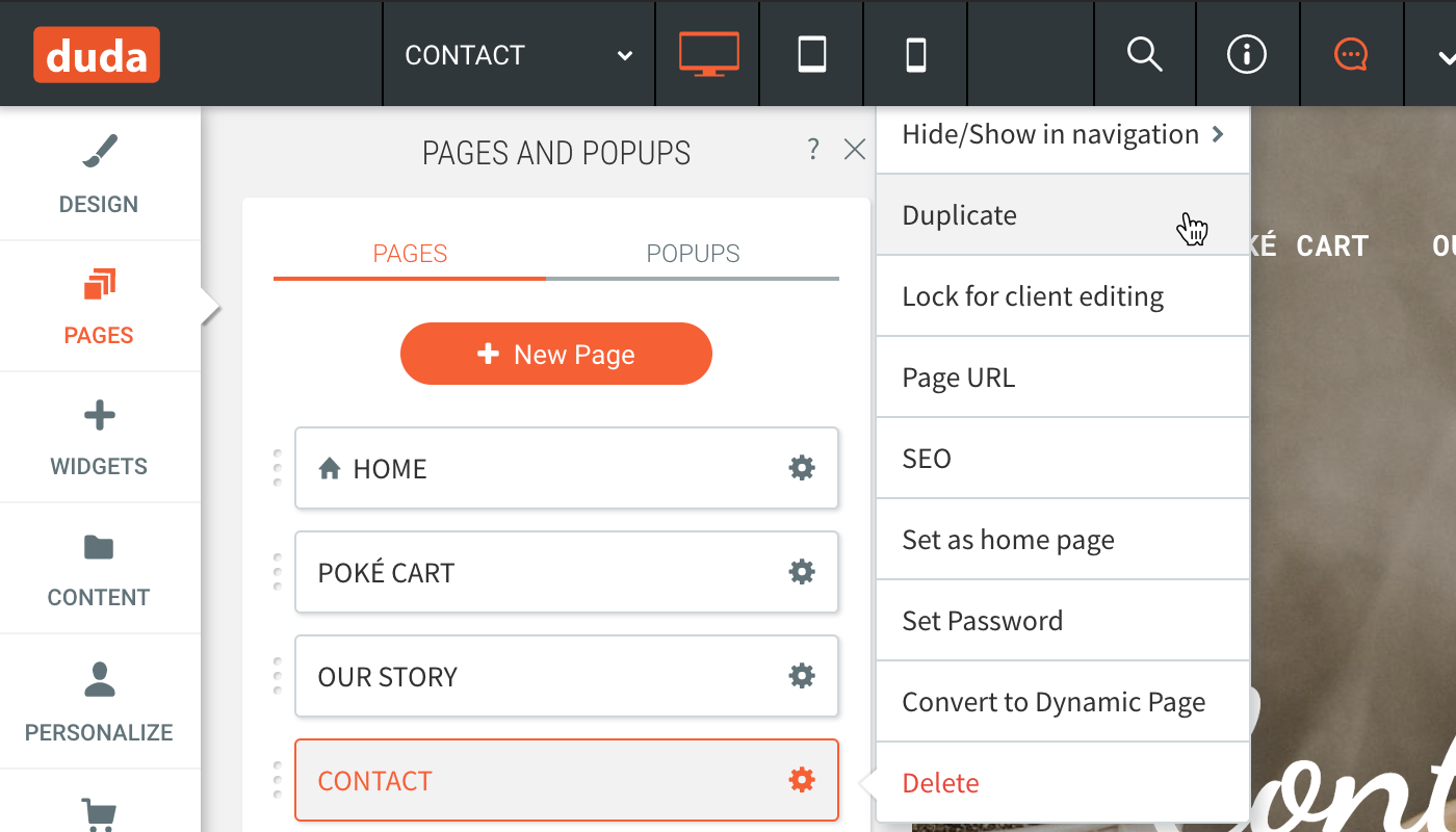 Create new page and duplicate page options in Duda