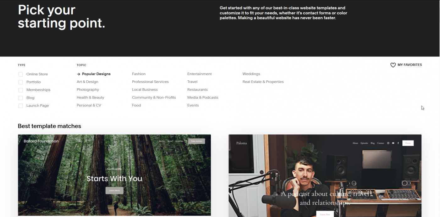 Squarespace's template page