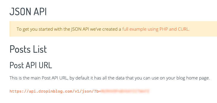JSON API details from DropInBlog settings