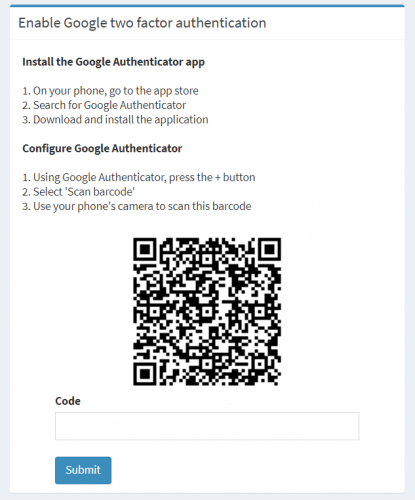 Enable Google Two Factor Authentication