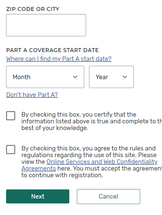 My Medicare Account Required Fields Continued