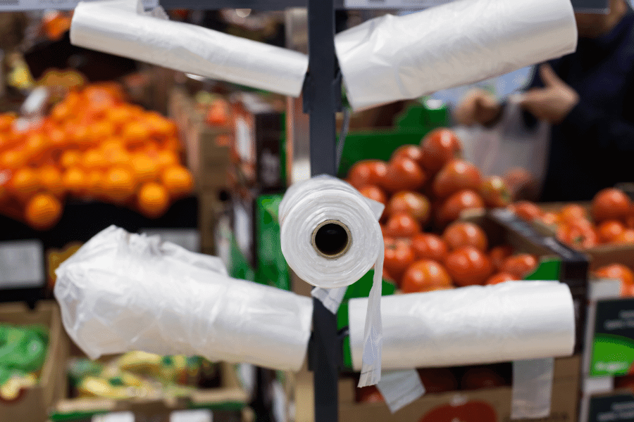 single-use plastic bags at the grocery store